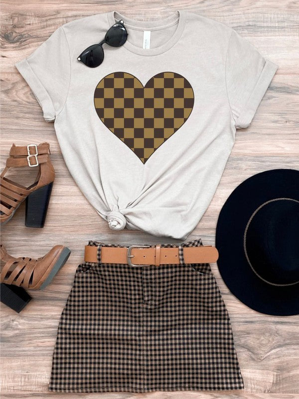 Brown Checkered Heart Crew Neck Tee