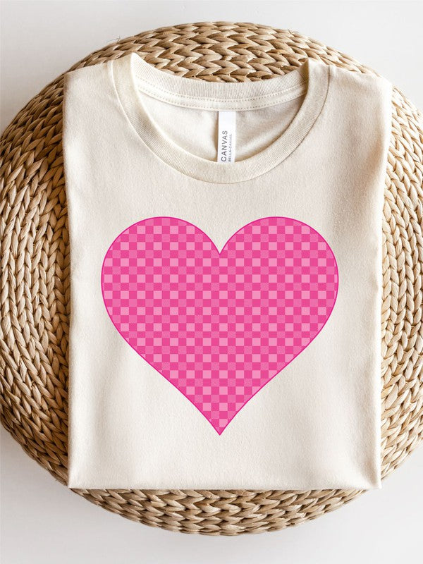 Pink Checkered Heart Crew Neck Tee